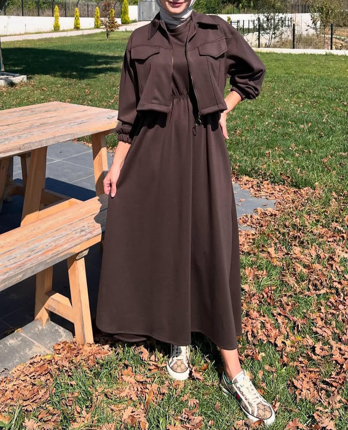 2 Pcs Long Maxi Winter Outfit With Upper Fleece Jacket