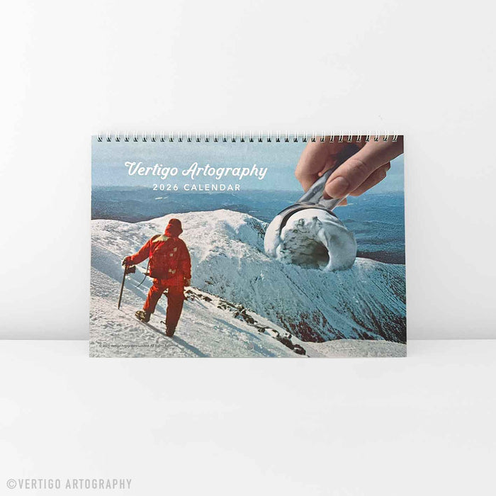 A4 2026 wall calendar featuring surreal collage art, with twelve unique monthly designs inspired by seasonal colour and atmosphere.
