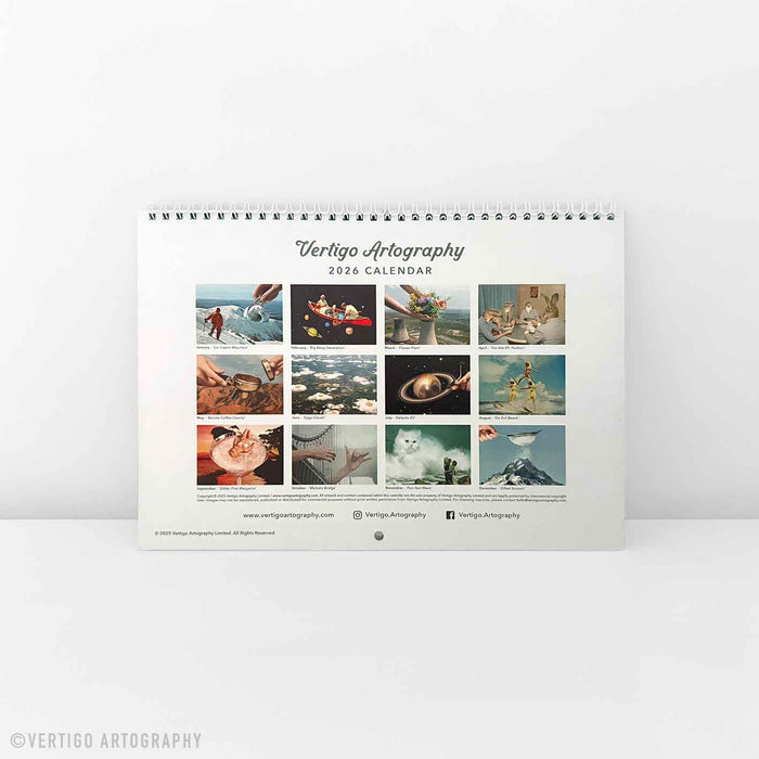 Premium 2026 art calendar showcasing original surreal collage artwork, perfect for modern interiors and creative home decor.