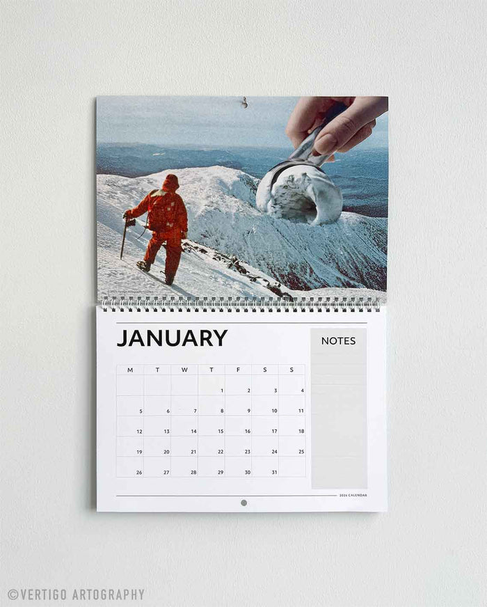 A striking 2026 collage art calendar with imaginative surreal illustrations arranged to reflect seasonal themes month by month.
