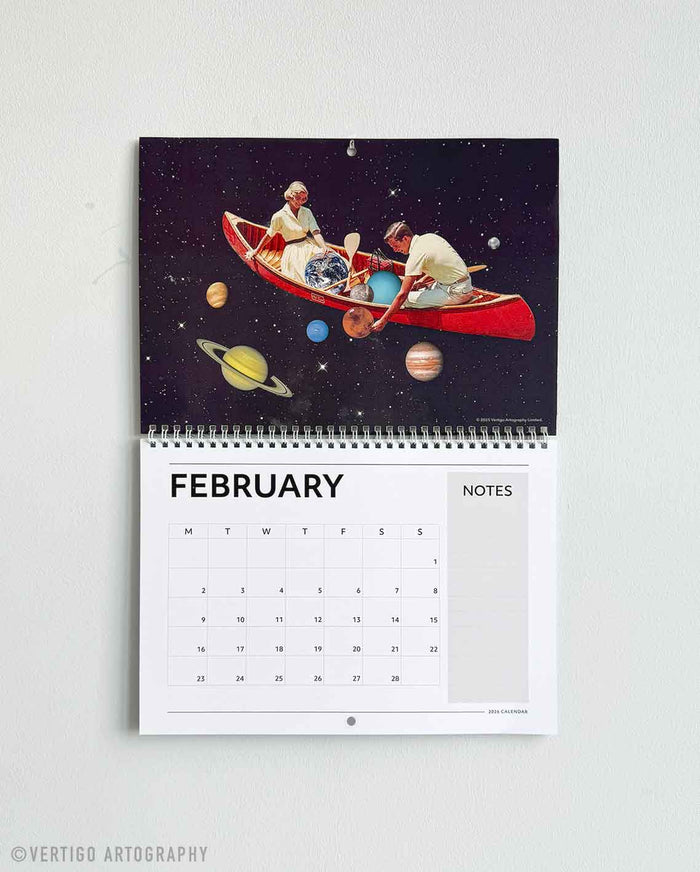 Vibrant 2026 artistic wall calendar presenting bold collage artworks ideal for studios, home offices, and contemporary decor.