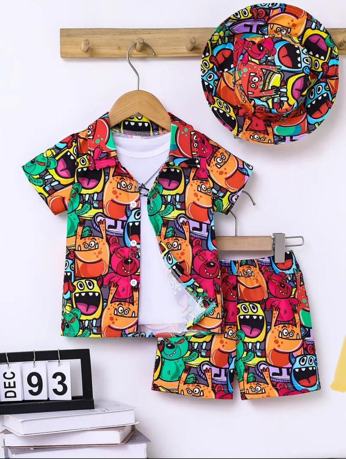 2PCS BABY BOYS CARTOON PRINT SHIRT & ELASTIC WAIST SHORTS SET