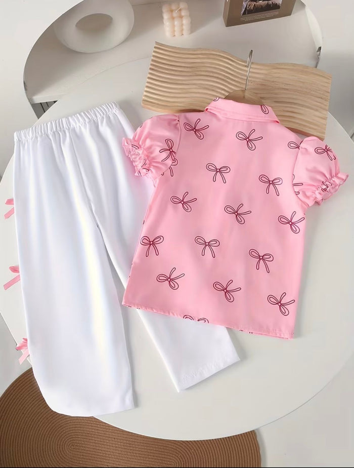2pcs Set for Girls Bow Print Puff Sleeve Lapel Shirt + Side Bow Solid White Wide-Leg Pants