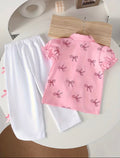 2pcs Set for Girls Bow Print Puff Sleeve Lapel Shirt + Side Bow Solid White Wide-Leg Pants