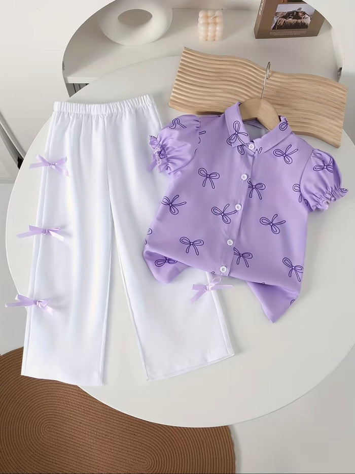 2pcs Set for Girls Bow Print Puff Sleeve Lapel Shirt + Side Bow Solid White Wide-Leg Pants