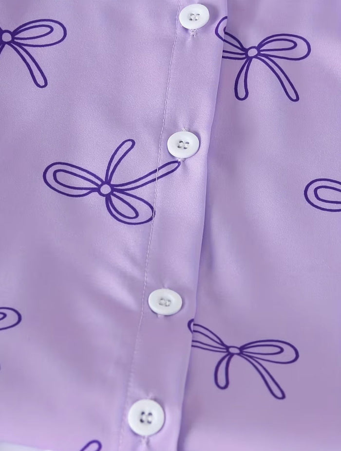 2pcs Set for Girls Bow Print Puff Sleeve Lapel Shirt + Side Bow Solid White Wide-Leg Pants