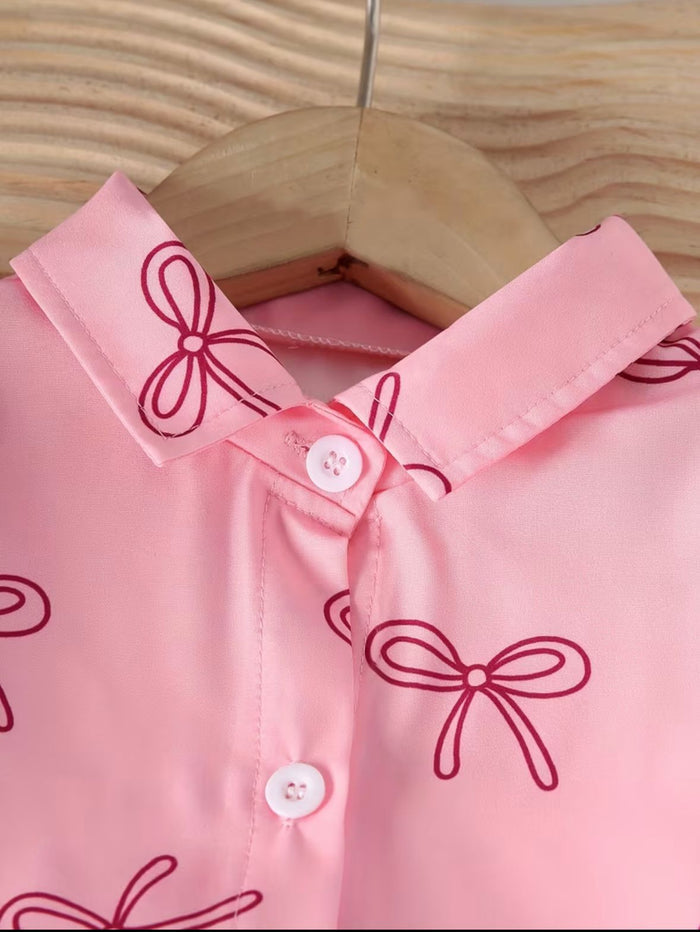 2pcs Set for Girls Bow Print Puff Sleeve Lapel Shirt + Side Bow Solid White Wide-Leg Pants