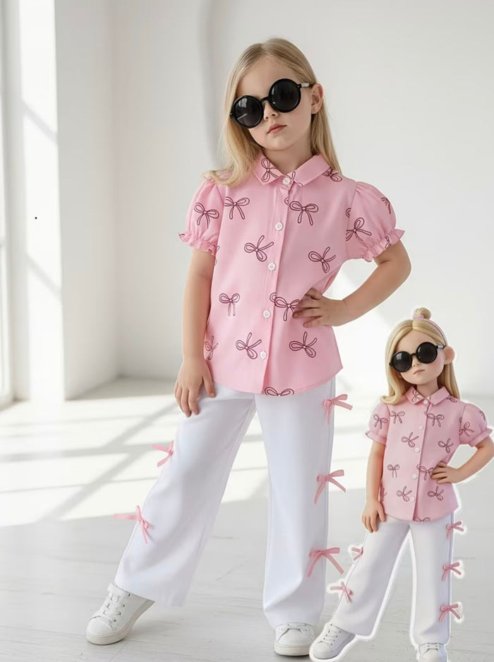 2pcs Set for Girls Bow Print Puff Sleeve Lapel Shirt + Side Bow Solid White Wide-Leg Pants