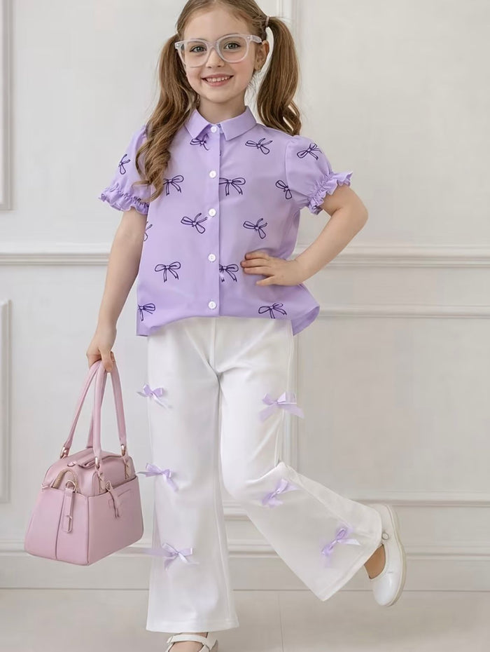 2pcs Set for Girls Bow Print Puff Sleeve Lapel Shirt + Side Bow Solid White Wide-Leg Pants