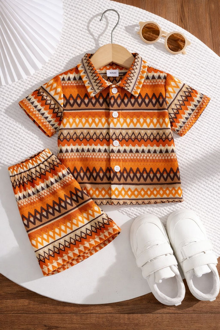 2pcs Set of Bohemian Geometric Pattern Stand Collar Button- Shirt and Elastic Waist Shorts for Boys