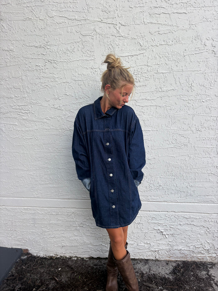 Wide Cuffed Sleeve Button Down Denim Dress