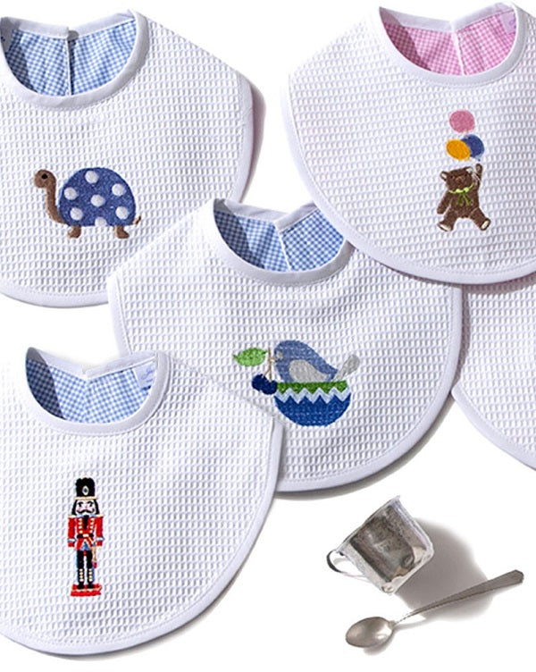 Baby Bib - White Waffle Weave, Gingham Lining, Embroidered