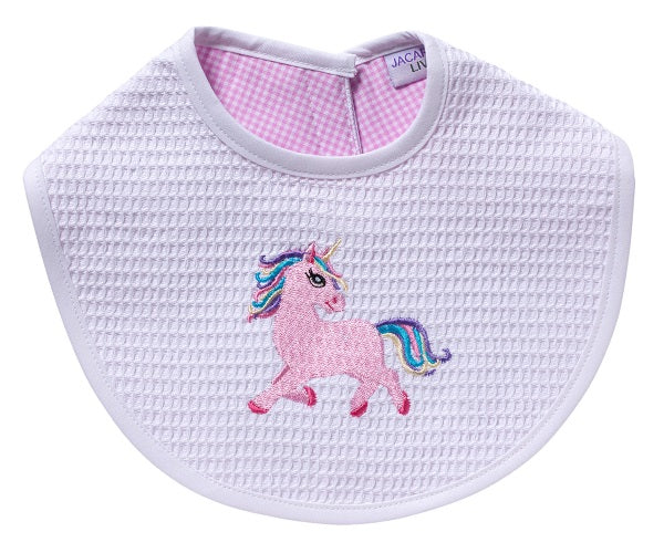 Baby Bib - White Waffle Weave, Gingham Lining, Embroidered