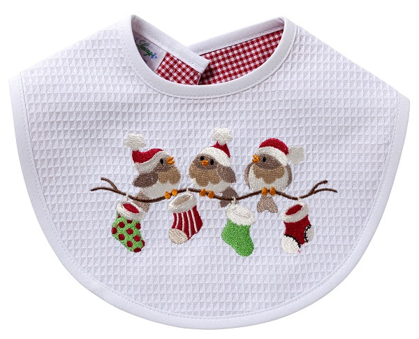 Baby Bib - White Waffle Weave, Gingham Lining, Embroidered