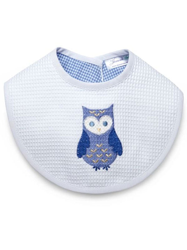 Baby Bib - White Waffle Weave, Gingham Lining, Embroidered