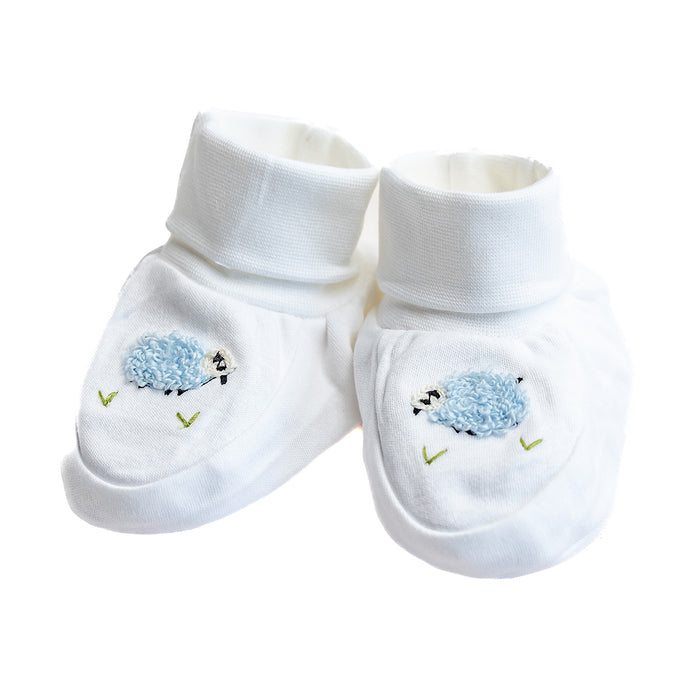 Baby Booties, Combed Cotton, Embroidered Blue Sheep