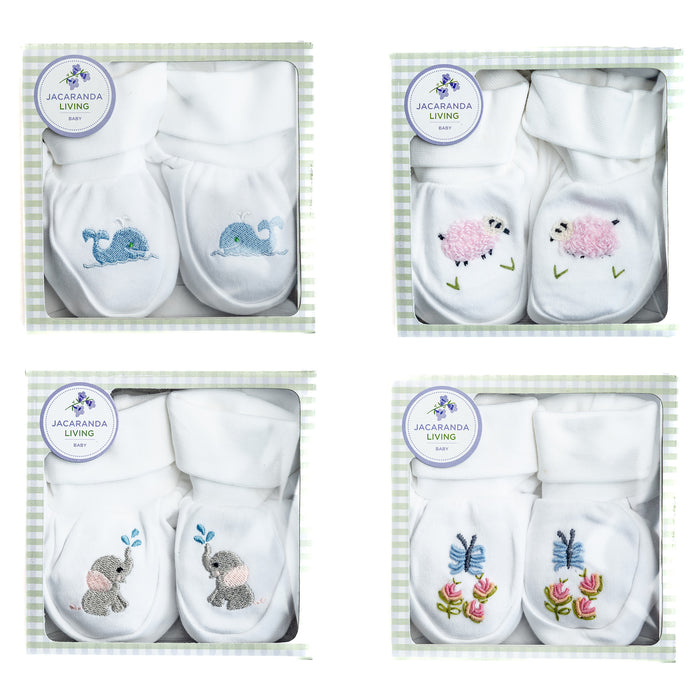 Baby Booties, Combed Cotton, Embroidered Blue Sheep