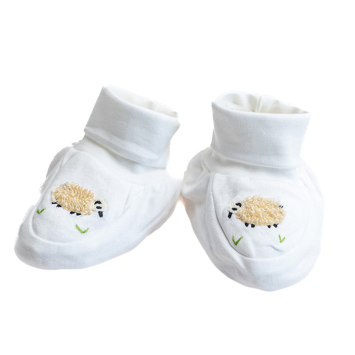 Baby Booties, Combed Cotton, Embroidered Blue Sheep