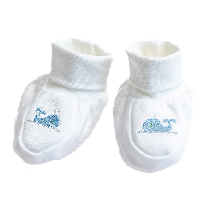 Baby Booties, Combed Cotton, Embroidered Blue Sheep