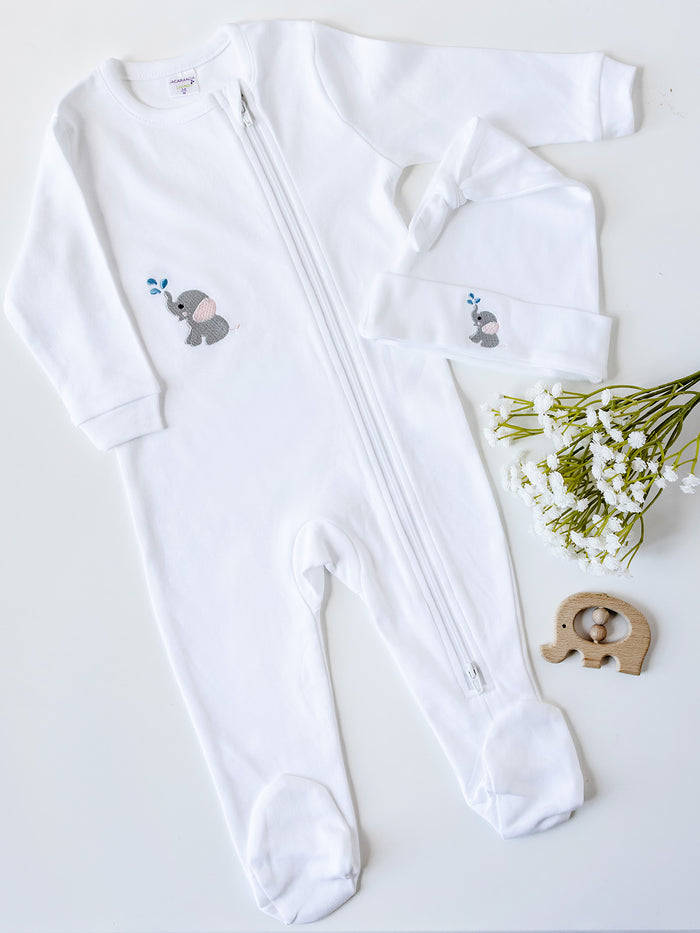 Baby Footie, Combed Cotton, Embroidered Blue Sheep
