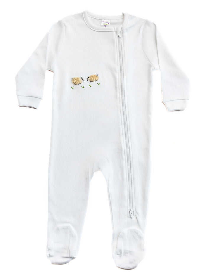 Baby Footie, Combed Cotton, Embroidered cream Sheep