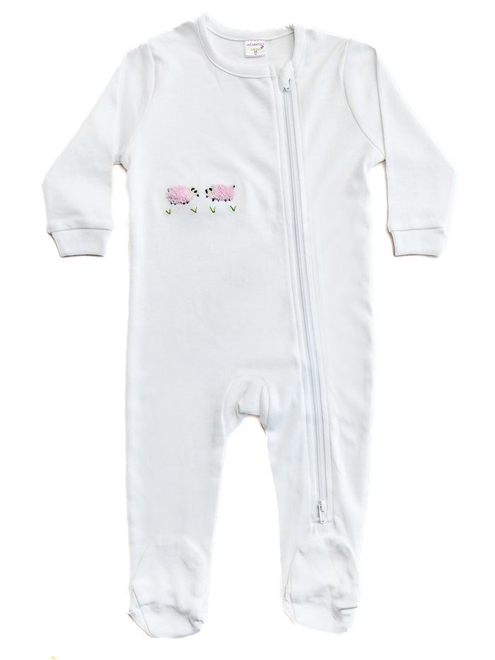Baby Footie, Combed Cotton, Embroidered Pink Sheep