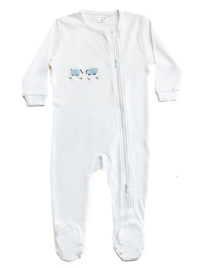 Baby Footie, Combed Cotton, Embroidered Pink Sheep