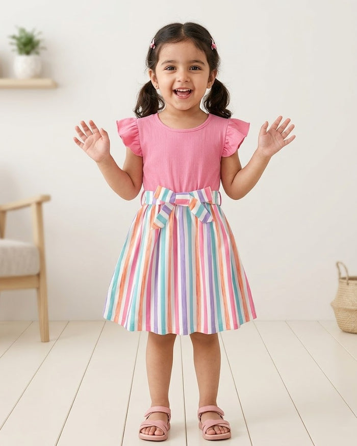 Baby Girl Splicing Stripped Short Sleeve Belted Dress