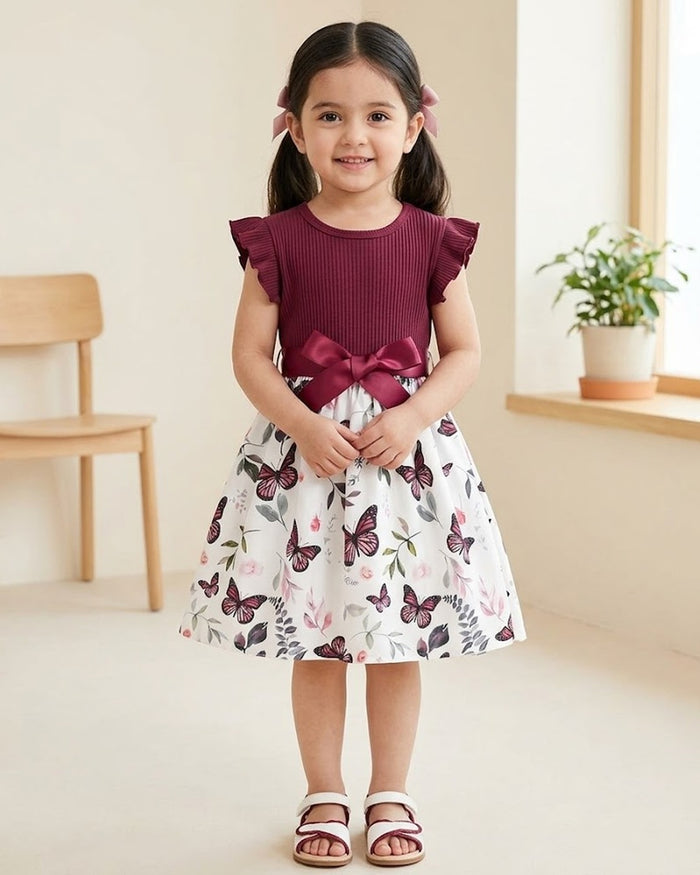 Baby Girls Sleeveless Flying Sleeve Butterfly Print Dress With Belt