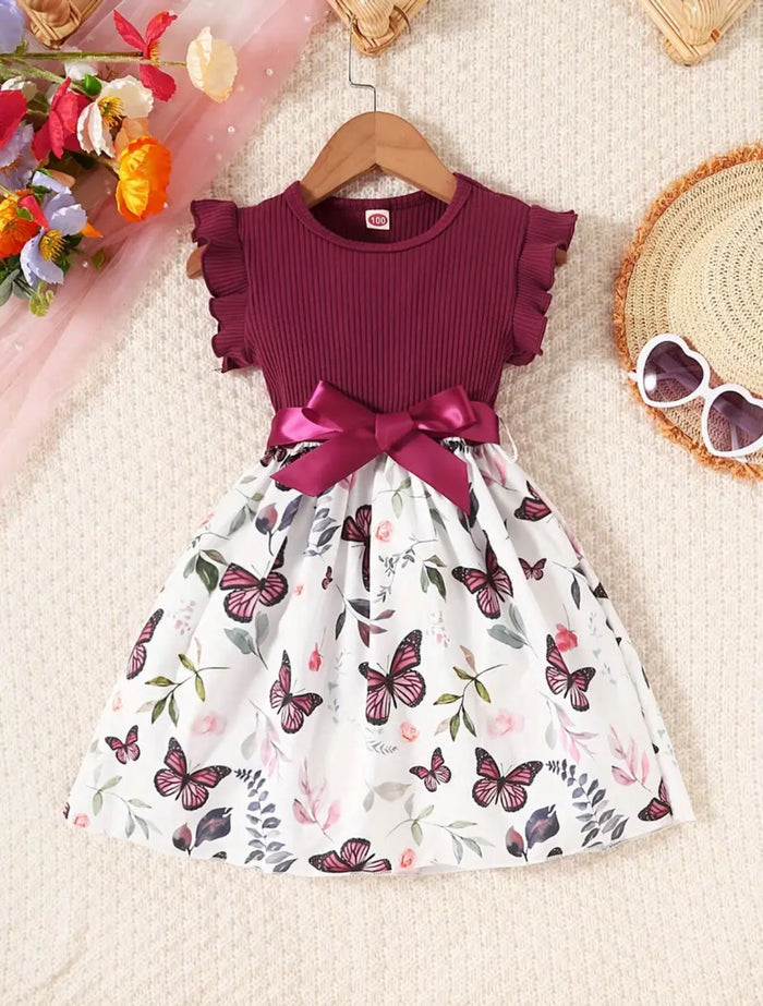 Baby Girls Sleeveless Flying Sleeve Butterfly Print Dress With Belt