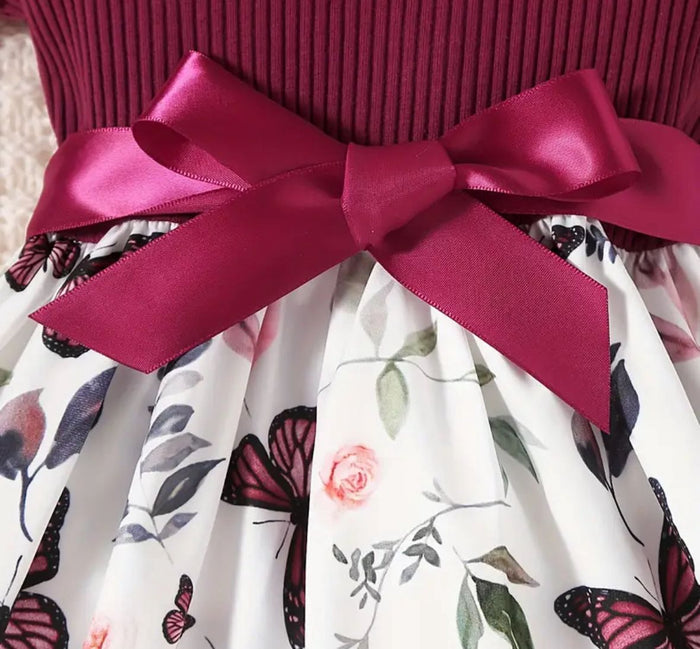 Baby Girls Sleeveless Flying Sleeve Butterfly Print Dress With Belt