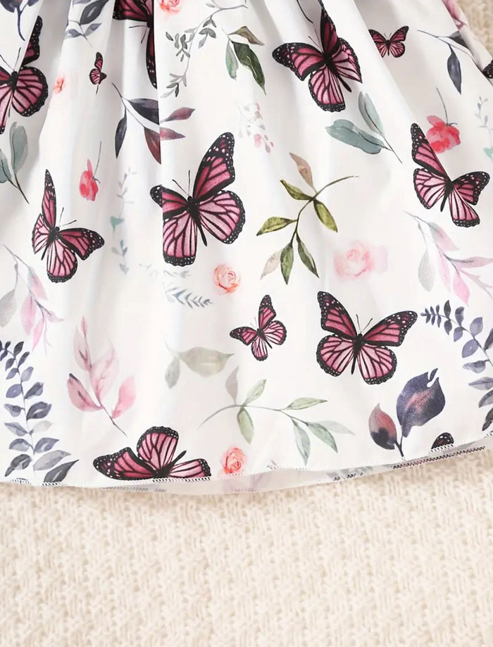 Baby Girls Sleeveless Flying Sleeve Butterfly Print Dress With Belt