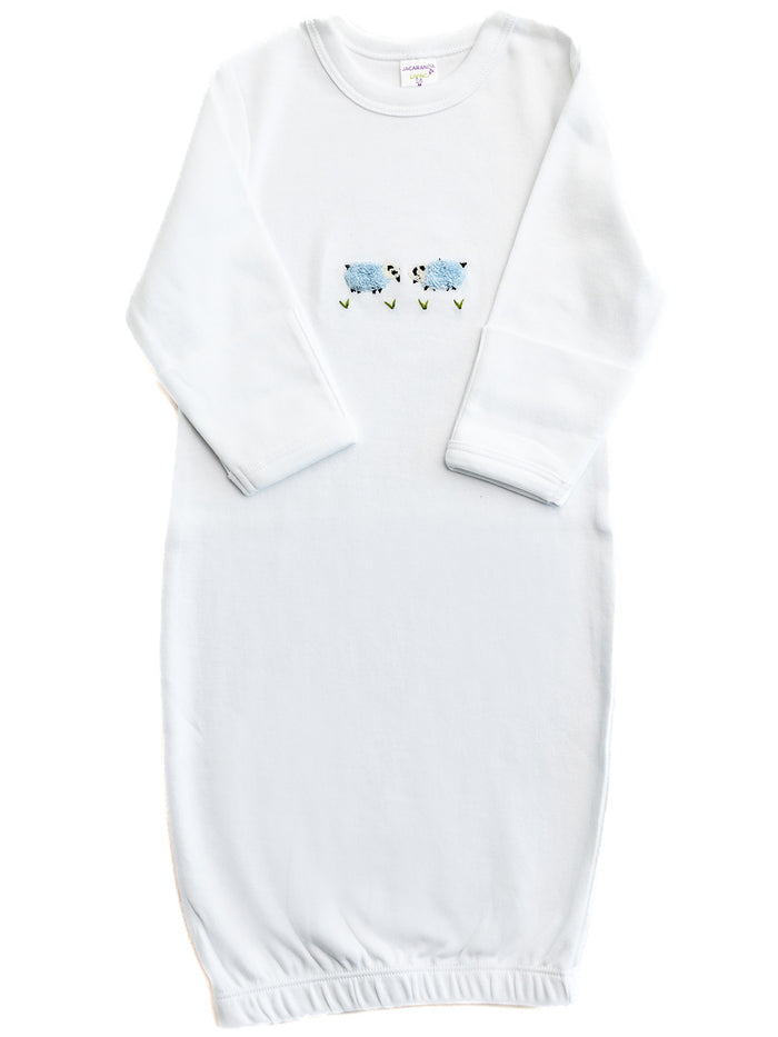 Baby Gown, Combed Cotton, Embroidered Blue Sheep