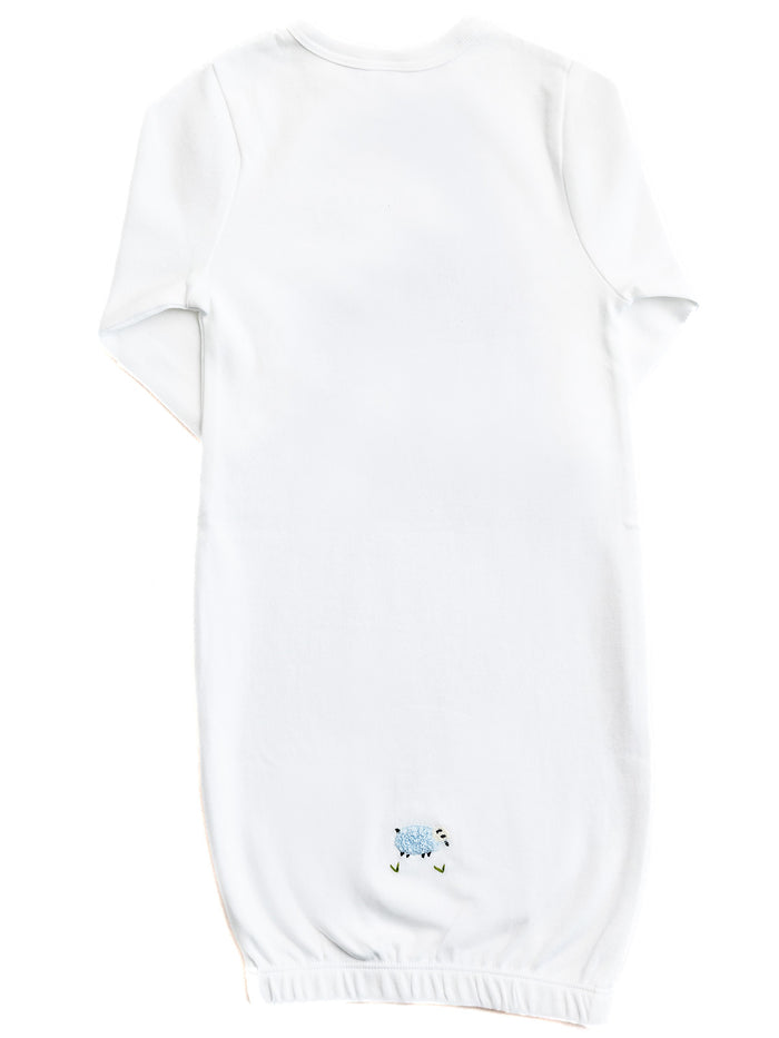 Baby Gown, Combed Cotton, Embroidered Blue Sheep