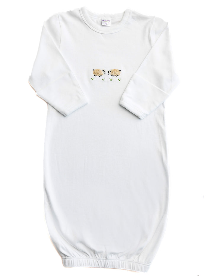 Baby Gown, Combed Cotton, Embroidered Cream Sheep