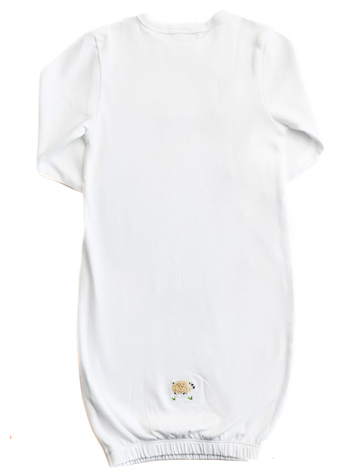 Baby Gown, Combed Cotton, Embroidered Cream Sheep