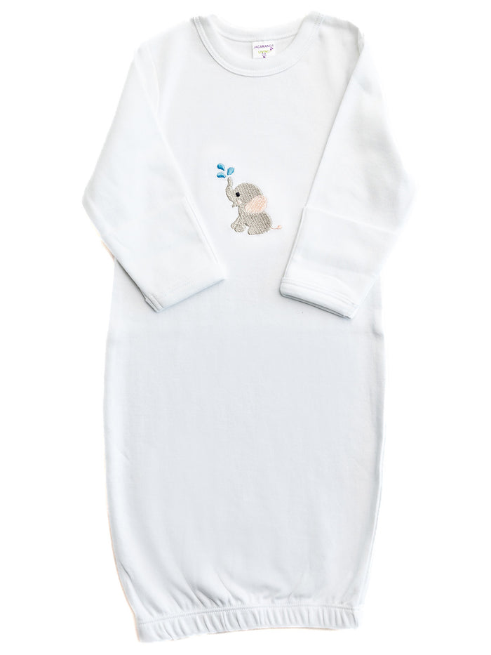 Baby Gown, Combed Cotton, Embroidered Splash Elephant