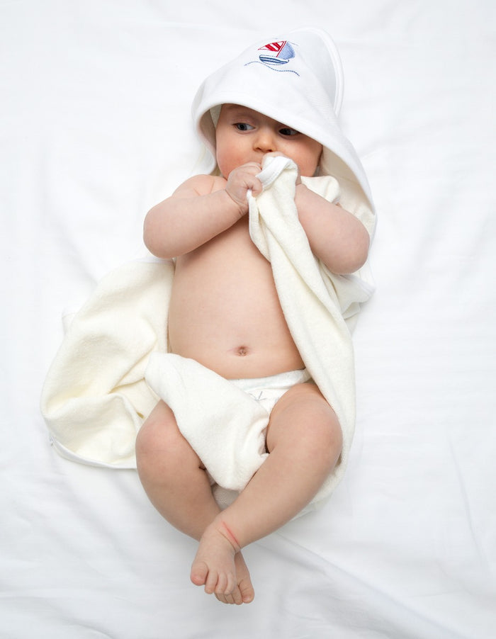 Baby Hooded Towel, White Combed Cotton , Hand Embroidered