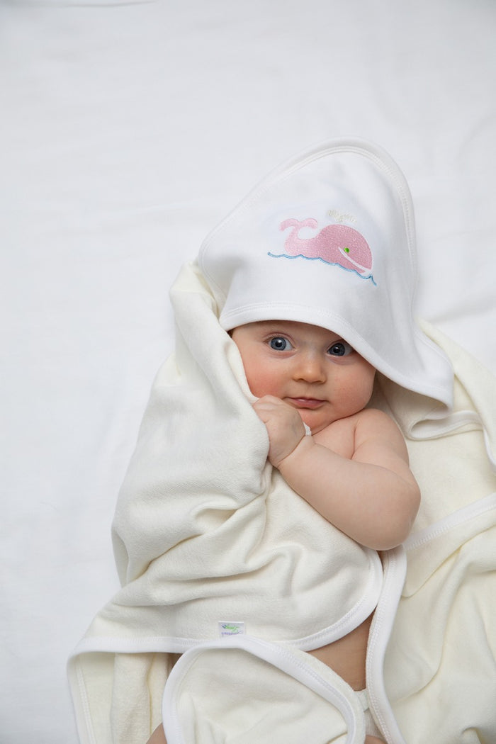 Baby Hooded Towel, White Combed Cotton , Hand Embroidered