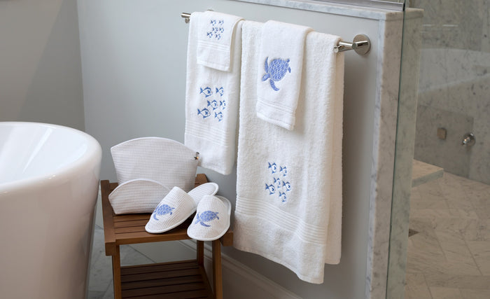 Bath Towel - White Cotton Terry, Embroidered