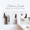 Bathroom Bundle graphic displaying the leather towel rack, leather towel ring, and leather toilet paper holder in black, with brass hardware.