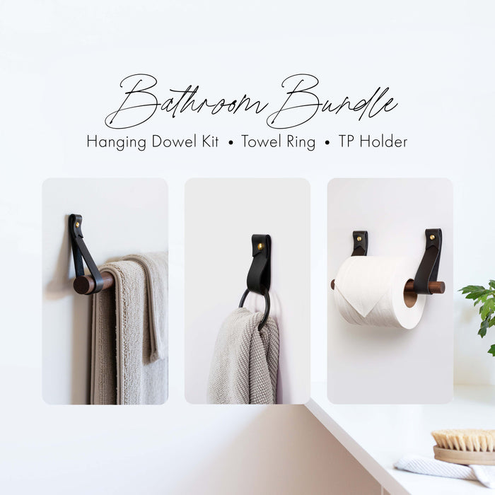 Bathroom Bundle graphic displaying the leather towel rack, leather towel ring, and leather toilet paper holder in black, with brass hardware.