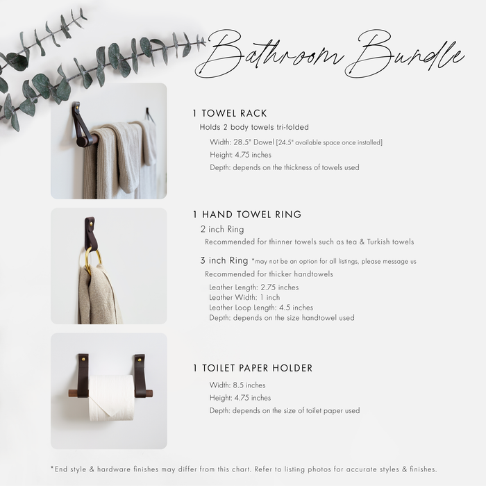 Bathroom Bundle sizing guide displaying the leather towel rack, leather hand towel ring, and leather toilet paper holder in chocolate and black leather with brass hardware, alongside measurements for dowel width, leather strap length, ring sizes, and installation details, styled with eucalyptus accents on a clean white background.
