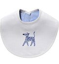 White bib with blue zebra design and checkered inner lining on a white background