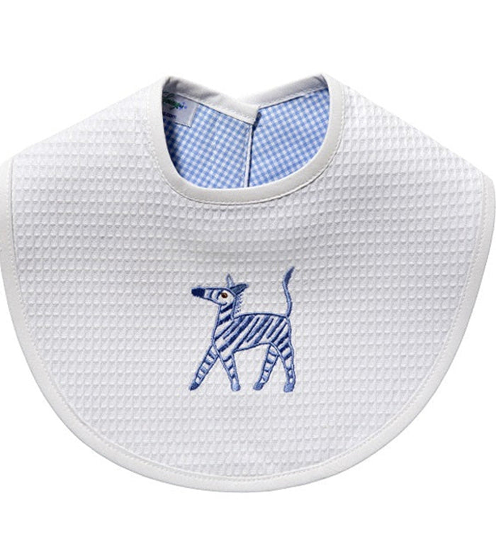 White bib with blue zebra design and checkered inner lining on a white background