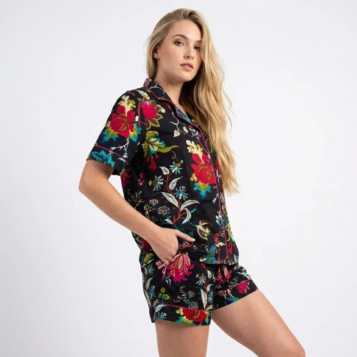 Black Lightweight Floral Print Women Pajama Short Set Premium Cotton Comfort Handicraft Trend