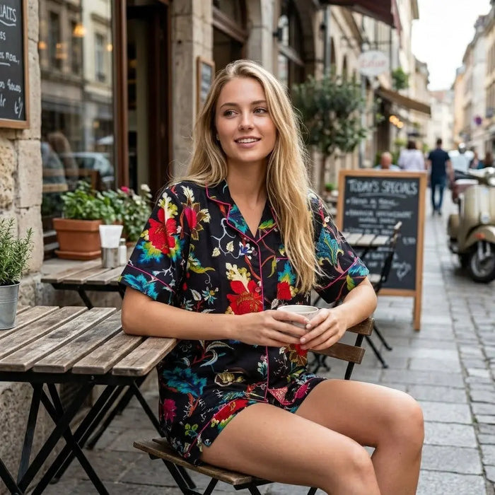Black Lightweight Floral Print Women Pajama Short Set Premium Cotton Comfort Handicraft Trend