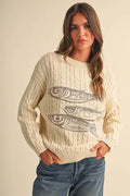 Boat Neck Embroidered Herring Sweater Top