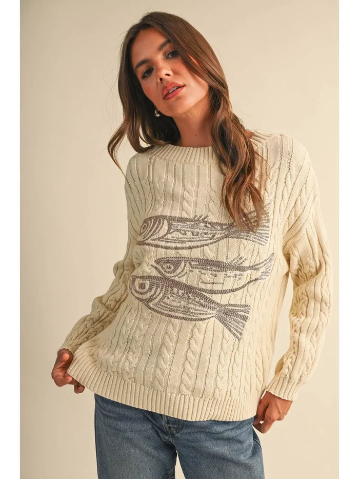 Boat Neck Embroidered Herring Sweater Top