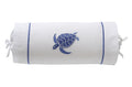 White cylindrical pillow with blue turtle design on a white background